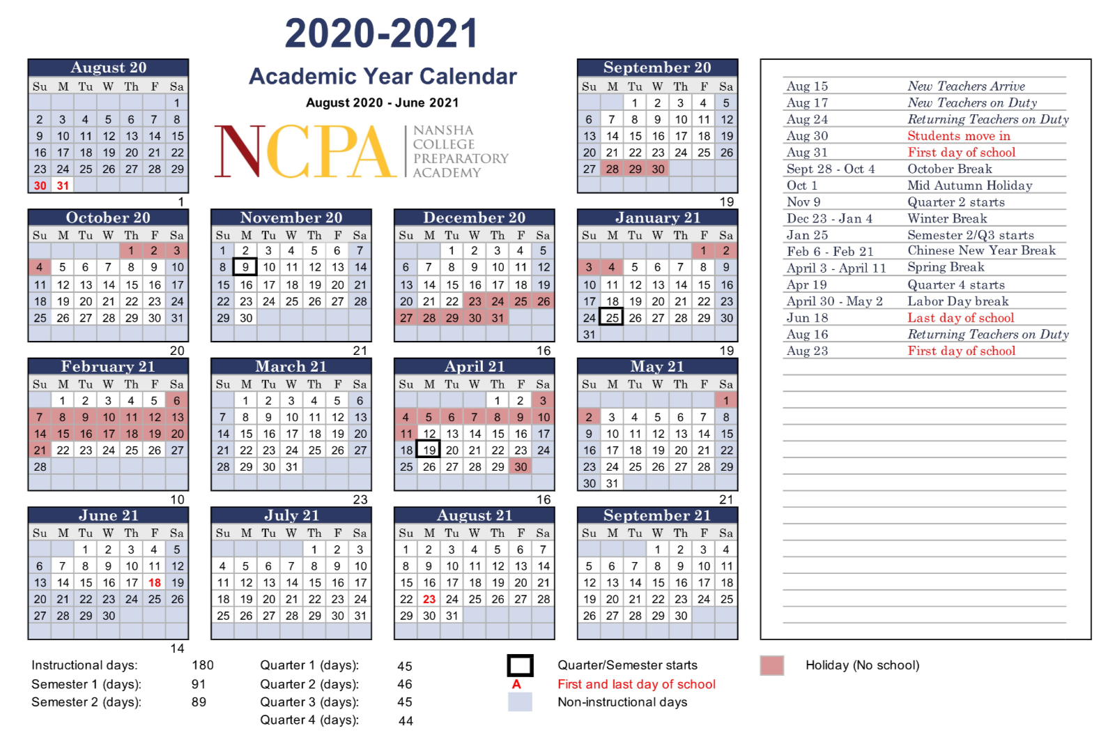 Nansha College Preparatory Academy School Calendar